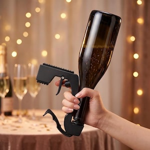 Puede incluir: Un accesorio rociador para botella de champán de plástico negro con mecanismo de gatillo y riel de montaje, asegurado al cuello de una botella de vidrio oscuro. El dispositivo cuenta con un mango curvo y una boquilla de pulverización.