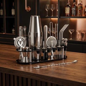 Op de afbeelding: Een roestvrijstalen cocktailshaker-set op een zwarte ovale standaard. De set bevat een tweedelige shaker, een jigger, een zeef, een muddler, schenktuiten, metalen rietjes en flessenstoppers. Een lange gedraaide menglepel ligt aan de voorzijde.