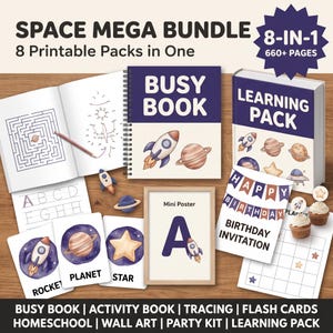 Space Mega Bundle | 8-in-1 Printable Pack | Busy Book, Activity Book, Tracing, Flash Cards, Homeschool, Wall Art, Party Kit | 660+ Pages PDF