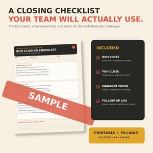 Könnte beinhalten: Eine BOH-Checkliste für den Ladenschluss mit einem roten, diagonalen SAMPLE-Wasserzeichen. Die Seite enthält Abschnitte für Aufräumarbeiten, Linienreinigung und Sicherung. Eine schwarze Seitenleiste listet die enthaltenen Punkte auf: BOH close, FOH close, manager check und follow-up log.