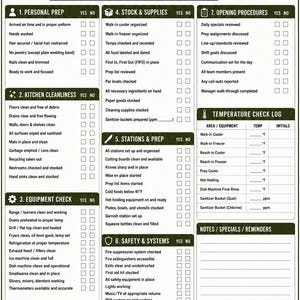 May include: A white Kitchen Command opening checklist printed with black and olive green text. The document features sections for personal prep, kitchen cleanliness, equipment check, stock, procedures, safety, and a temperature check log for the kitchen.