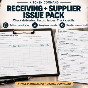 Op de afbeelding: Een 4-pagina's tellende printbare PDF-download getiteld Kitchen Command Receiving + Supplier Issue Pack. Bevat een ontvangstlogboek op een zwart klembord, een credit-opvolgblad, een leveranciersprobleem-tracker en een acceptatiechecklist.