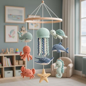 Può includere: Una giostrina sospesa con creature marine all'uncinetto, tra cui una balena, un polpo, un granchio, una medusa, una tartaruga, un delfino, una razza, un cavalluccio marino e una stella marina, appesi a un telaio circolare in legno.