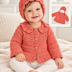 May include: A coral-colored crochet cardigan with a scalloped collar and three wooden buttons, paired with a matching textured crochet bonnet. A small inset card displays the text DIGITAL CROCHET PATTERN above an image of the set.