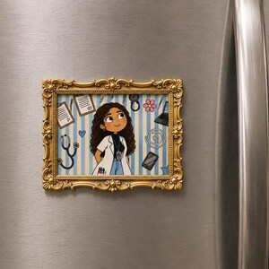 May include: A rectangular magnet featuring a gold-colored ornate frame surrounding a cartoon illustration of a person in a white lab coat. The background has blue and white vertical stripes with icons of a stethoscope, clipboard, and medical tools.