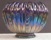 Fenton Art Glass Faberge Rose Bowl with Tulips, 9653 NK, Iridescent, Cobalt Blue Carnival Glass, , Ribs, Scarce, Rare, Hard to Find - Z