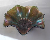 Antique Fenton Glass Peacock Tail Iridescent Green Carnival Novelty Bowl, Crimped Paneled, Whimsy Bowl, Rare, Scarce, Hard to Find - O