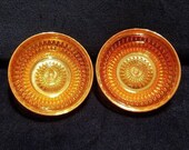 Jeannette Glass Anniversary Iridescent Marigold Carnival Glass Taper Candlestick Holder Bowl Pair, Taper Candle Bowl, Made in the USA - H