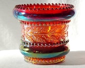 Summit Art Glass by Russ Vogelsong Beaded Holly Band Toothpick Holder in Amberina Carnival Glass, Greentown Glass Reproduction, Signed - H