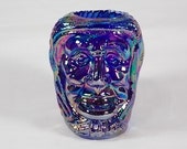 Joe St Clair Glass Old Lady Witch Head Iridescent Cobalt Blue Carnival Glass Toothpick Holder, Q-tip Holder, Rare, Scarce, Hard to Find - M
