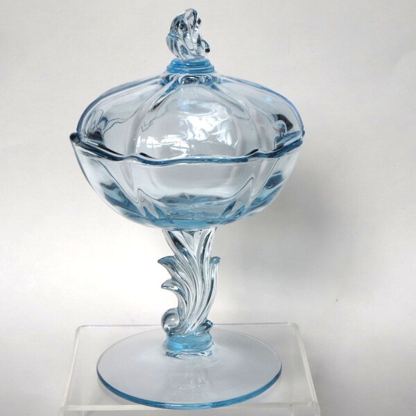 1930's Fostoria Baroque Azure Blue Covered Preserve, a Lidded Pedestal Base Candy Box, Elegant Depression Glass, Scarce and Hard to Find - M