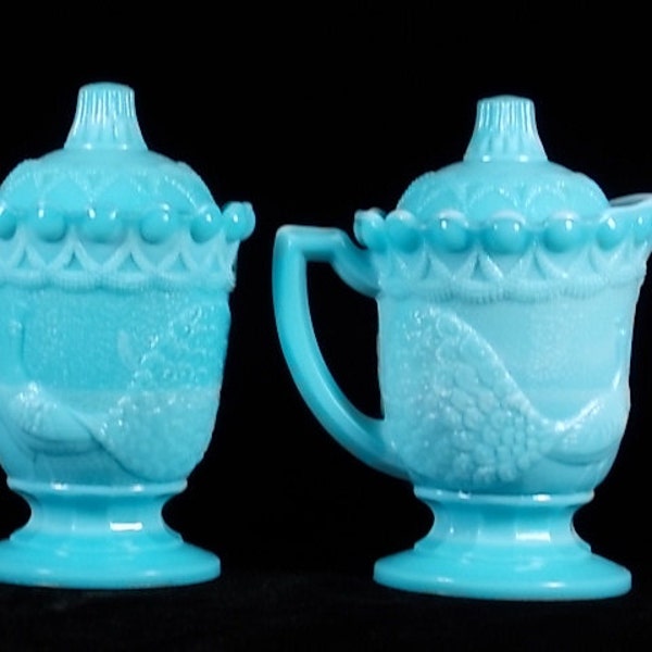 1950's Westmoreland Turquoise Blue Milk Glass Strutting Peacock Covered Creamer & Covered Sugar Bowl Set, Signed WG Makers Mark - EBSR1