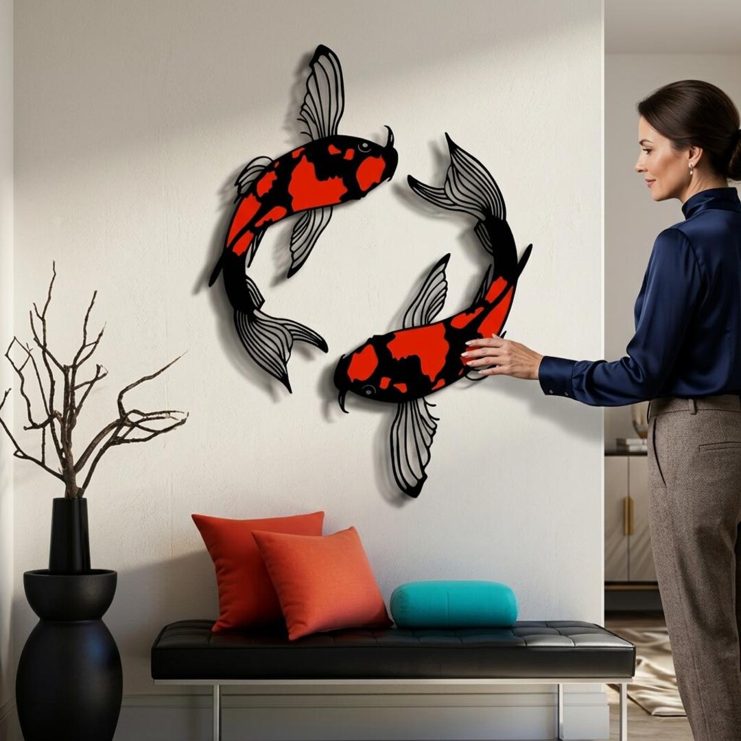 Koi Fish Metal Wall Art, Yin Yang Metal Wall Decor, Japanese Fish Wall