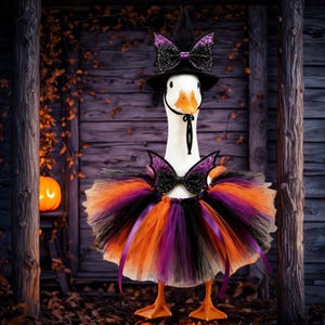 May include: A white goose wearing a black witch hat with a purple and black glittery bow, a matching purple and black glittery bow tie, and a layered tulle tutu in shades of orange, purple, and black. The goose has a bright orange beak.
