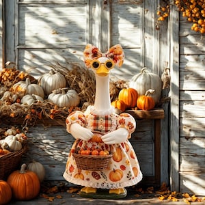 May include: A white goose figurine wearing a dress with a fall-themed pumpkin and leaf print, a matching bow on its head, and yellow round glasses. The goose holds a small woven basket filled with miniature pumpkins in its wings.