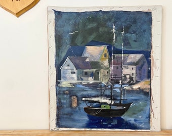 Vintage 1970s Oil Painting / Harbor Painting / Vintage Sailboat Art