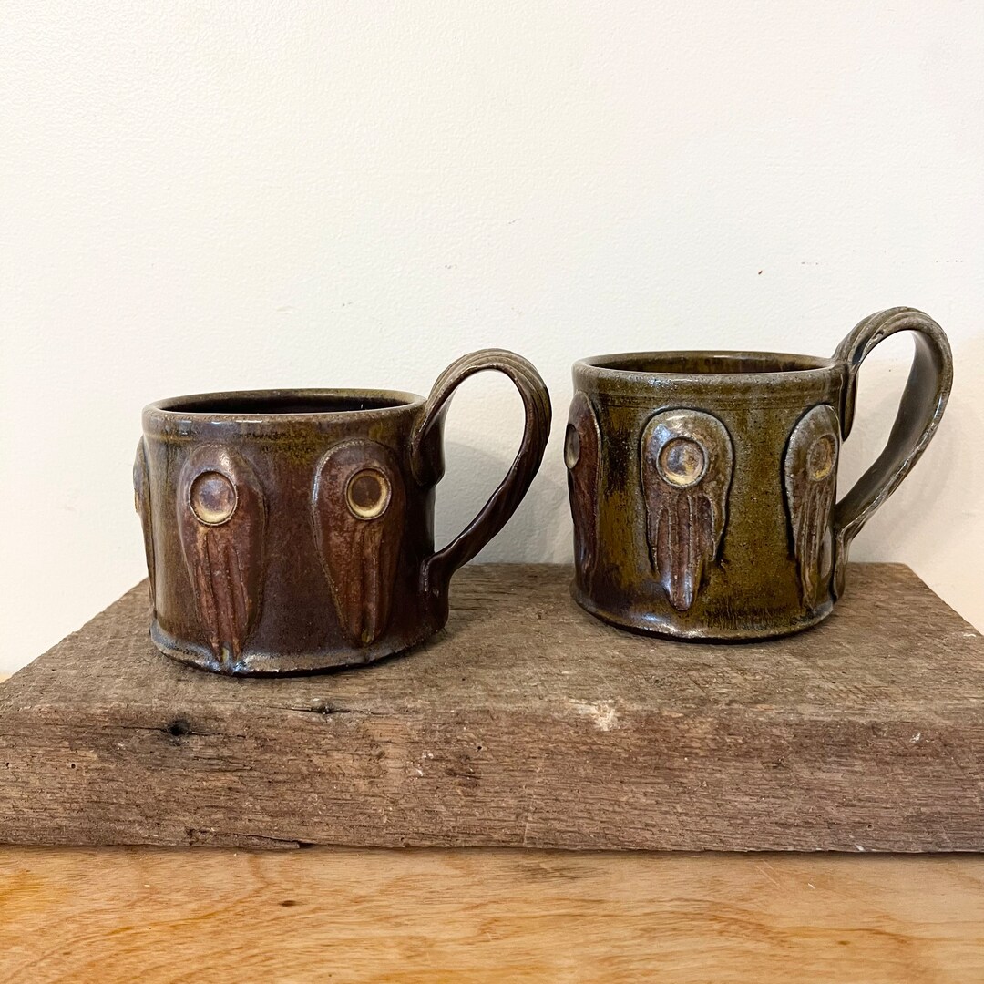 Vintage Pair of Wing Mugs / Studio Pottery Mugs / Vintage Owl Mugs