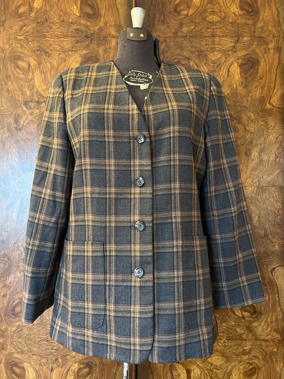 Vintage 1990s Grey Plaid Wool Blazer / L/XL / Wor… - image 2