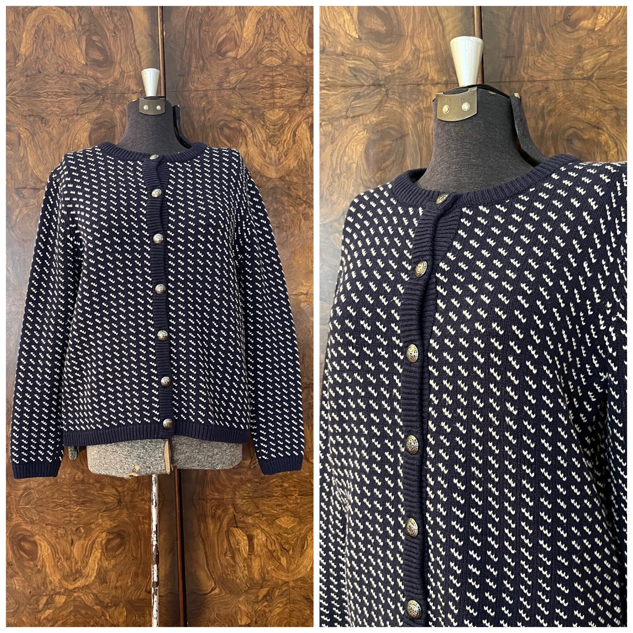 Vintage LL Bean Cardigan M L Navy and White Heavy Cotton wool Cardigan Etsy