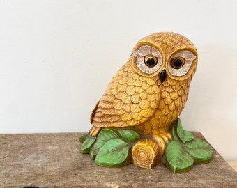 Vintage 1970s Owl Statue / Resin Yellow Owl Figurine