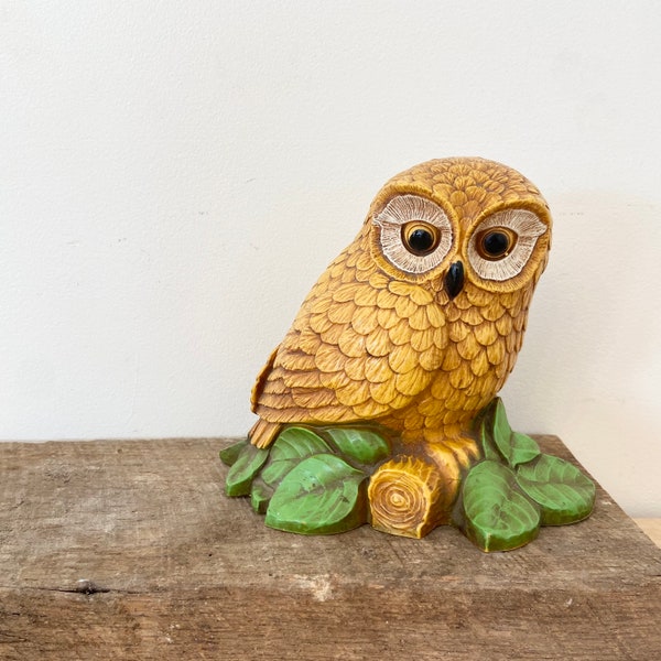 Vintage 1970s Owl Statue / Resin Yellow Owl Figurine