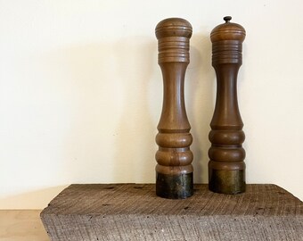 Vintage Wooden Salt and Pepper Shakers / Wood and Brass Salt Shaker and Pepper Grinder