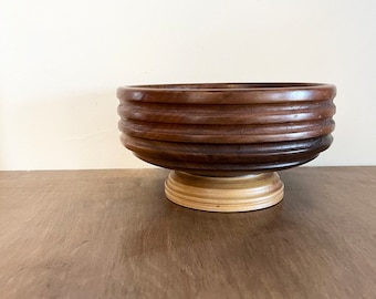 Vintage Wood Turned Bowl / Handmade Artisan Wood Pedestal Bowl