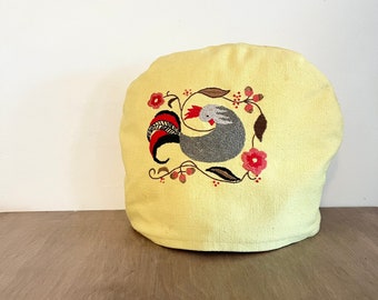 Vintage Bird Embroidered Tea Cozy / Yellow Padded Tea Pot Cover