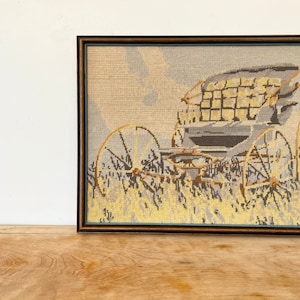 Vintage Goldenrod Wagon Cross Stitch / Vintage Fall Floral Fiber Art / Vintage Carriage, Horse and Buggy