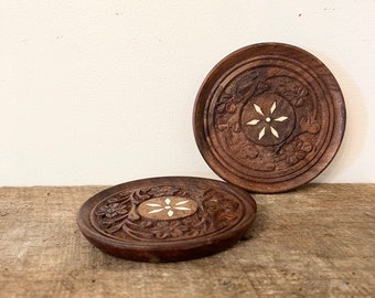 Vintage Pair of Carved Wooden Coasters / Wooden Jewelry Dishes / Made in India Carved Wood Trinket Dishes