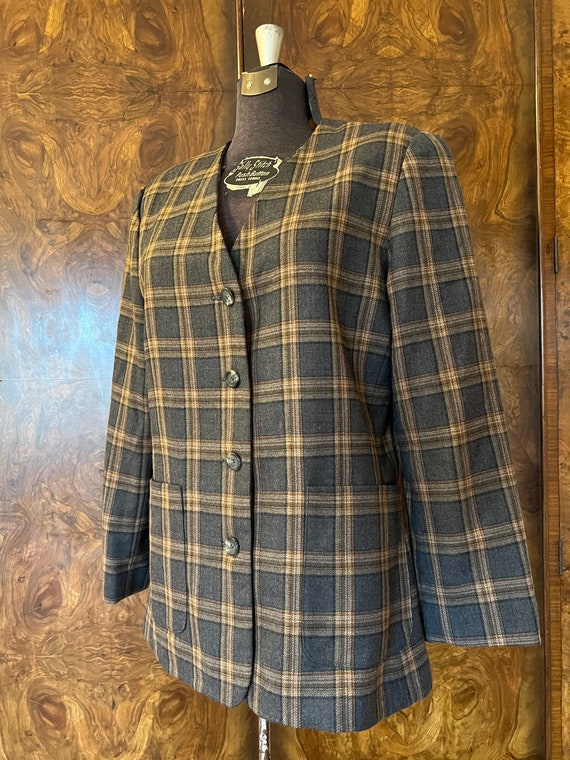 Vintage 1990s Grey Plaid Wool Blazer / L/XL / Wor… - image 3