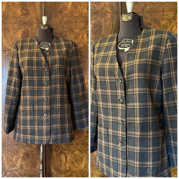 Vintage 1990s Grey Plaid Wool Blazer / L/XL / Wor… - image 1