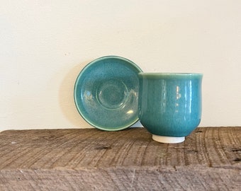 Vintage Studio Pottery Espresso Cup and Saucer / Hand Made Ceramic Saki / Teal Turquoise Ceramic Cup
