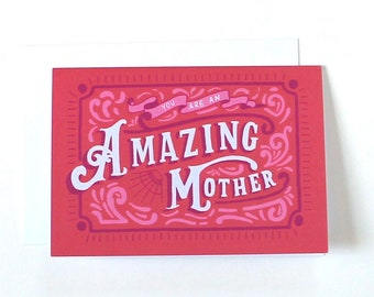 You are an amazing mother vintage-style hand-lettering greeting card, pretty pink mom card