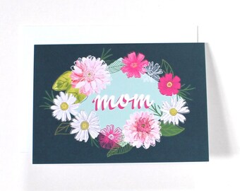 Mom floral illustrated hand-lettering greeting card, pretty blue mom card