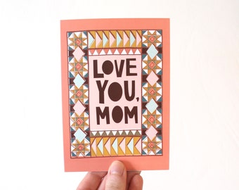 Love You, Mom coral peach hand-lettering Mother's Day greeting card