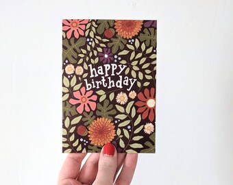 Happy birthday funky flowers greeting card, pretty fall flower birthday card
