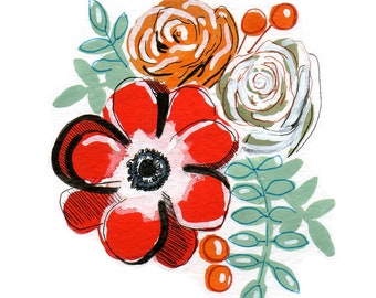 Autumn botanical illustration, giclee print 8 x 10", red poppy gouache pen and ink