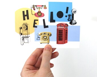 Retro telephones any occasion hello greeting card, bright and colorful everyday greeting card