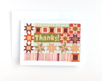 Thanks card, illustrated quilt hand-lettering greeting card, cute thank you card