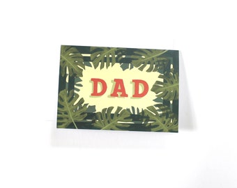 Dad monstera leaves greeting card, orange and green hand-lettering father card