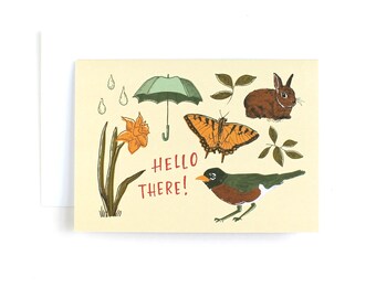 Hello there greeting card, spring summer nature everyday illustrated greeting card