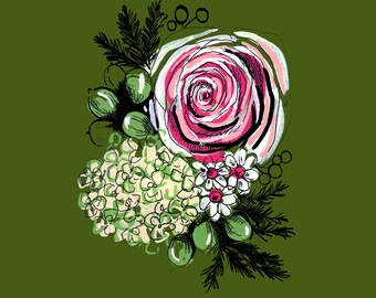 Summer floral 8 x 10" giclee print, botanical rose hydrangea green gouache illustration