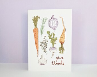 Autumn give thanks root vegetables card, Thanksgiving seasonal veggies thank you card