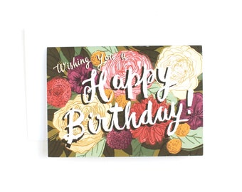 Happy birthday script hand-lettering floral illustrated greeting card, beautiful spring birthday card