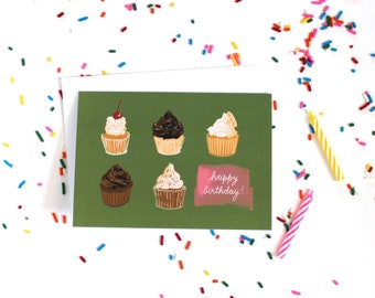 Cute happy birthday cupcake illustration hand-lettering greeting card