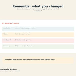 My Version / Notes
Remember what you changed - Save substitutions, timing tweaks, family preferences and what worked best.