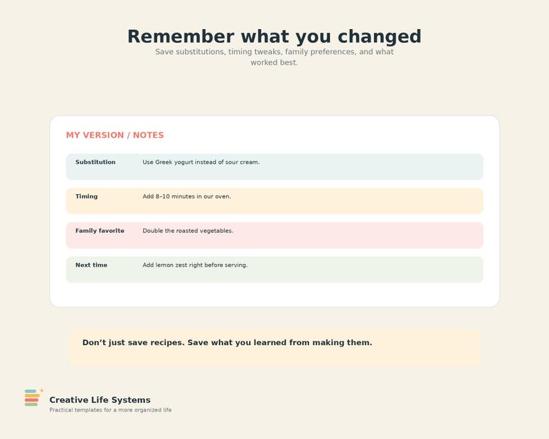 My Version / Notes
Remember what you changed - Save substitutions, timing tweaks, family preferences and what worked best.