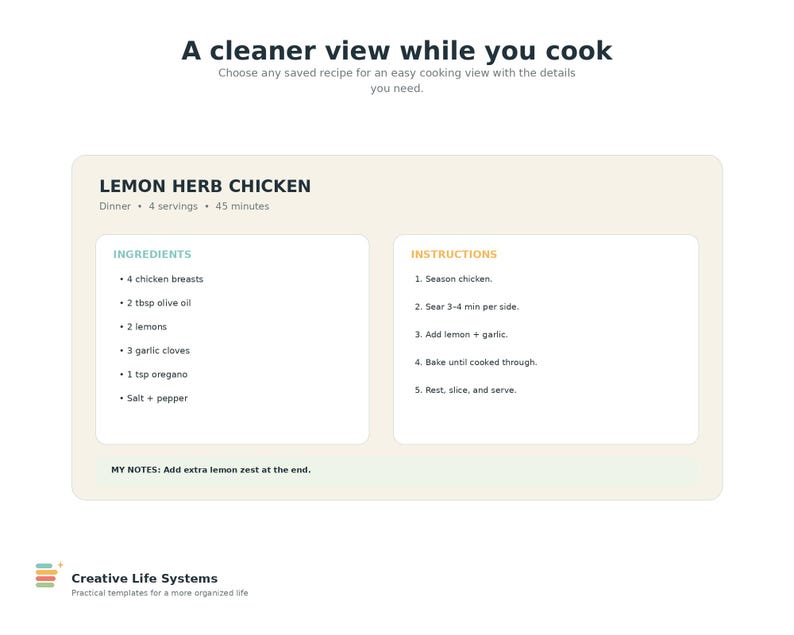 Recipe Card
A cleaner view while you cook