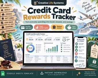 May include: A digital Credit Card Rewards Tracker template displayed on a laptop and smartphone screen. The interface features charts, tables, and data points for tracking points, miles, and cash back. The design includes travel-themed icons and text.